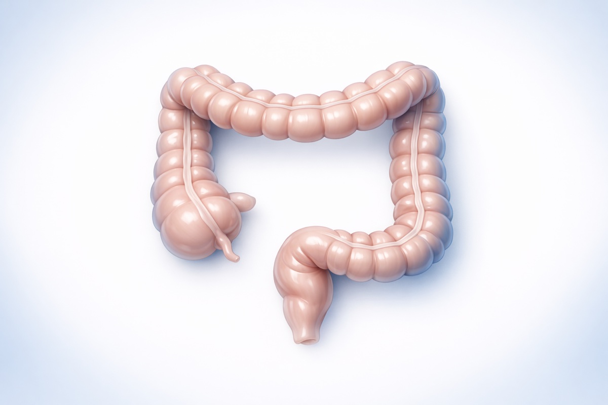Illustration of the colon with a colonoscope for screening colonoscopy