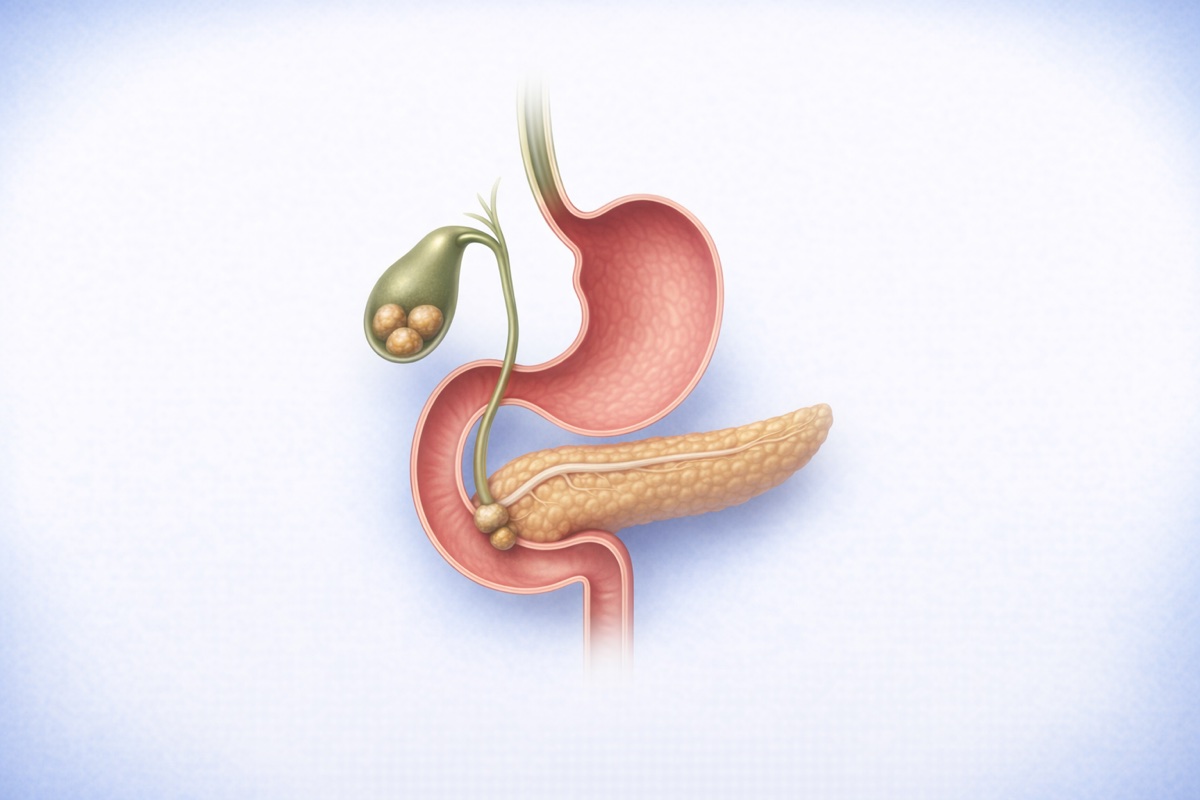 Illustration of ERCP involving the bile duct and pancreatic duct