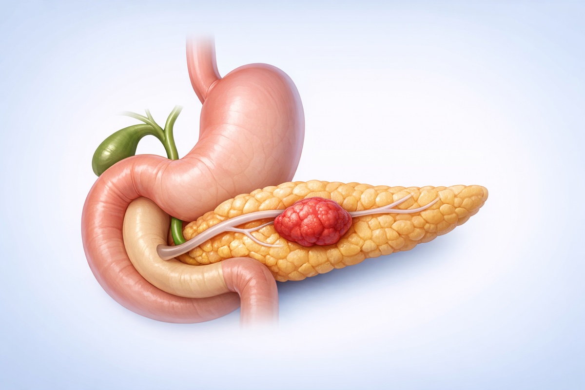 Illustration of endoscopic ultrasound involving the stomach, pancreas, and bile ducts